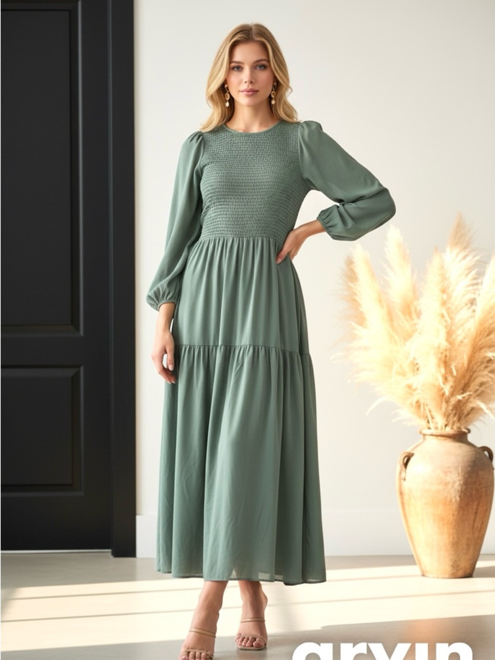 ASOS Sage Green Smocked Bodice Tiered Maxi Dress